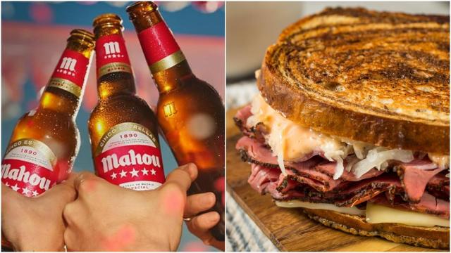 Collage con cervezas frías a la izquierda y un sándwich generoso a la derecha.