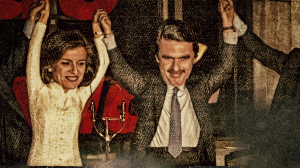 Recreación de Aznar en Génova celebrando su triunfo electoral