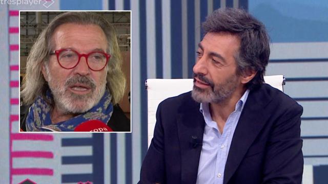 Pepe Navarro con un reportero en ARCO y Juan del Val en 'La Roca'.