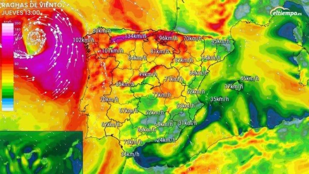 Rachas previstas la tarde del jueves con la borrasca Martinho al noroeste de la Península.