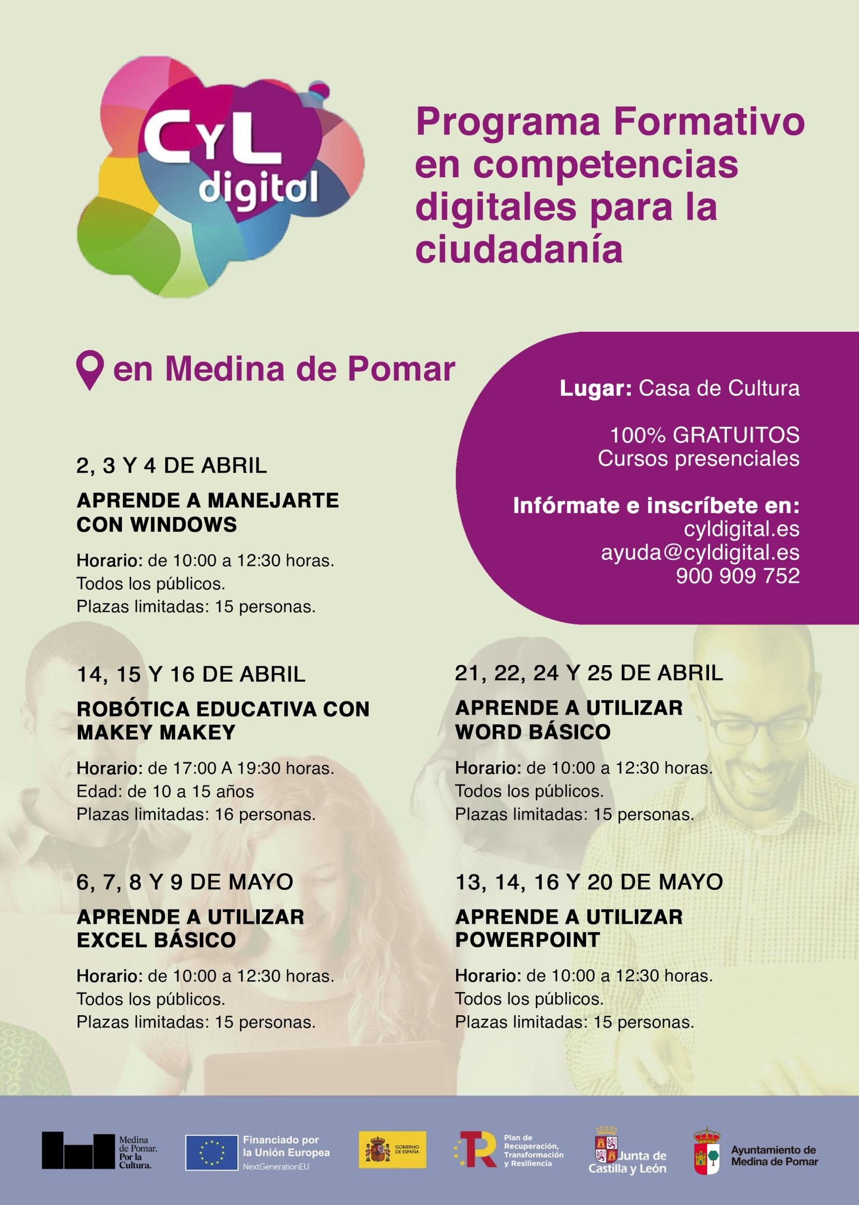 Cartel de los cursos de 'CyL Digital' que tendrán lugar en Medina de Pomar en abril y mayo