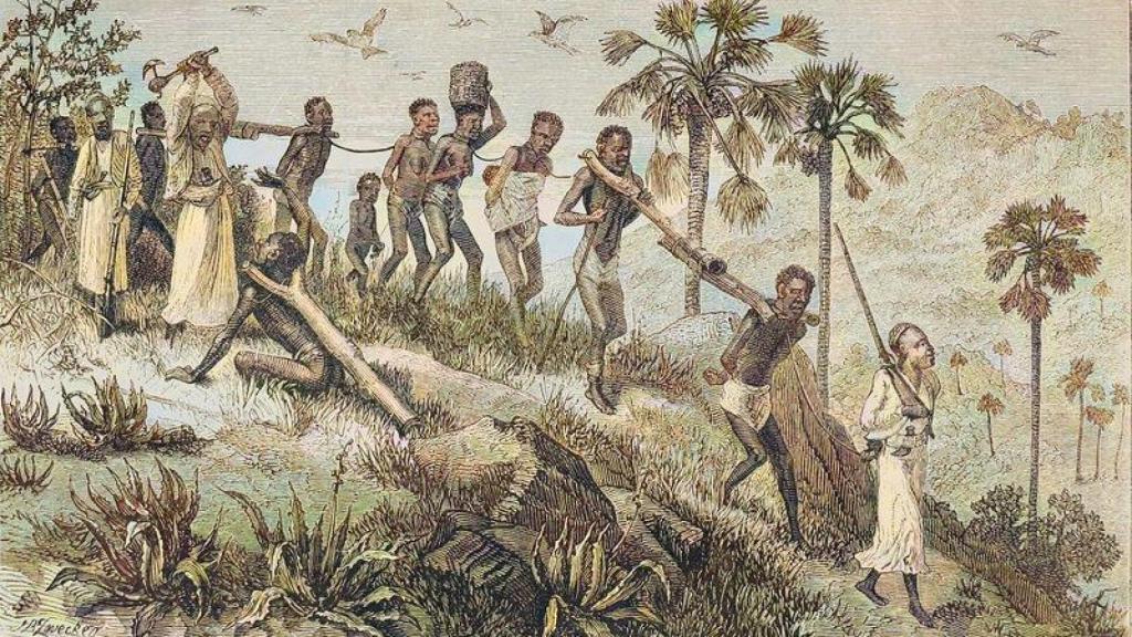 Esclavistas africanos transportando a sus prisioneros en  1874