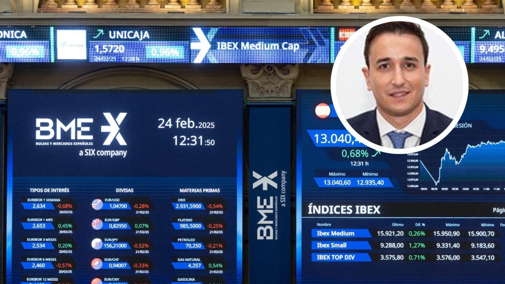 Interior de la Bolsa de Madrid y el analista Sergio Ávila.