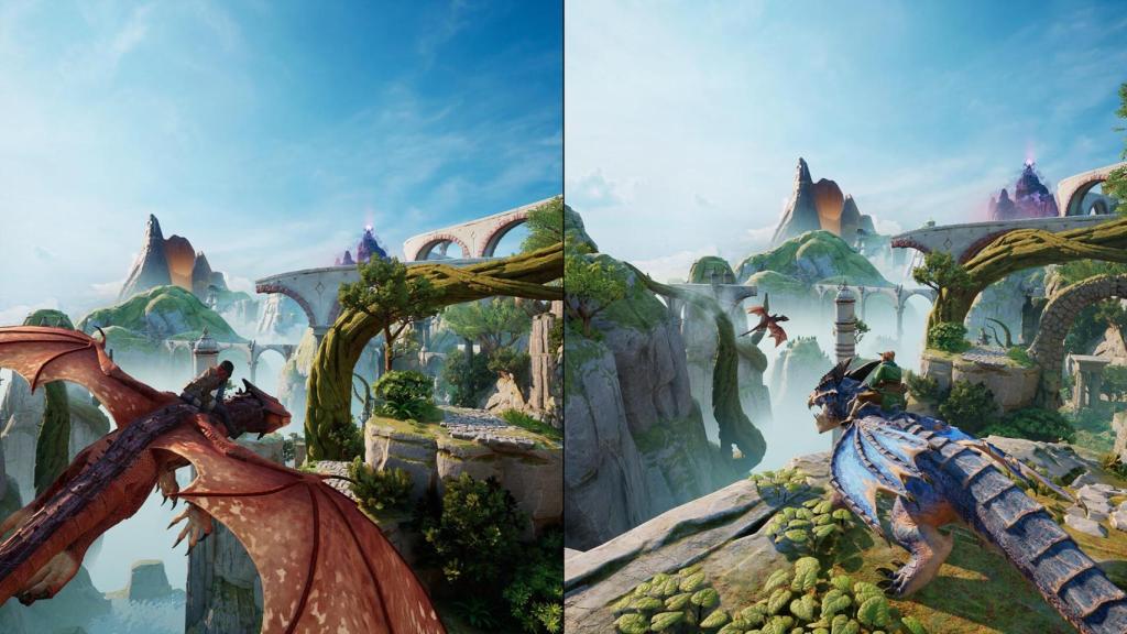 Mio y Zoe montadas sobre los dragones en uno de los niveles más divertidos del videojuego