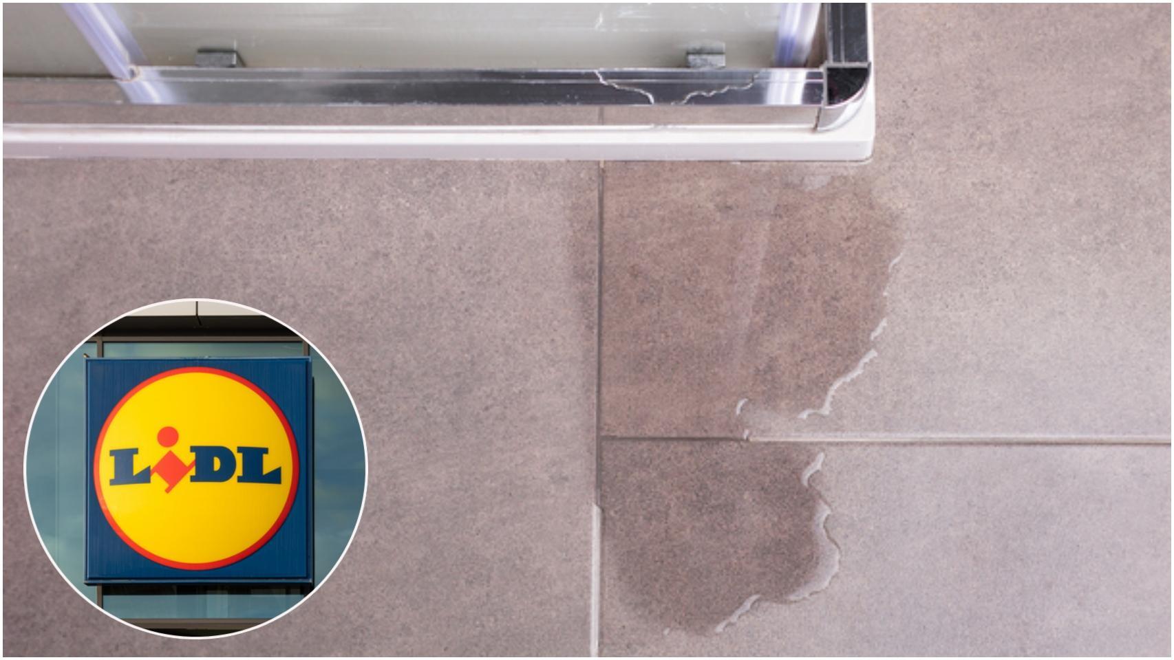 Un montaje que muestra el logotipo de Lidl junto a un charco de agua en el suelo de un baño.