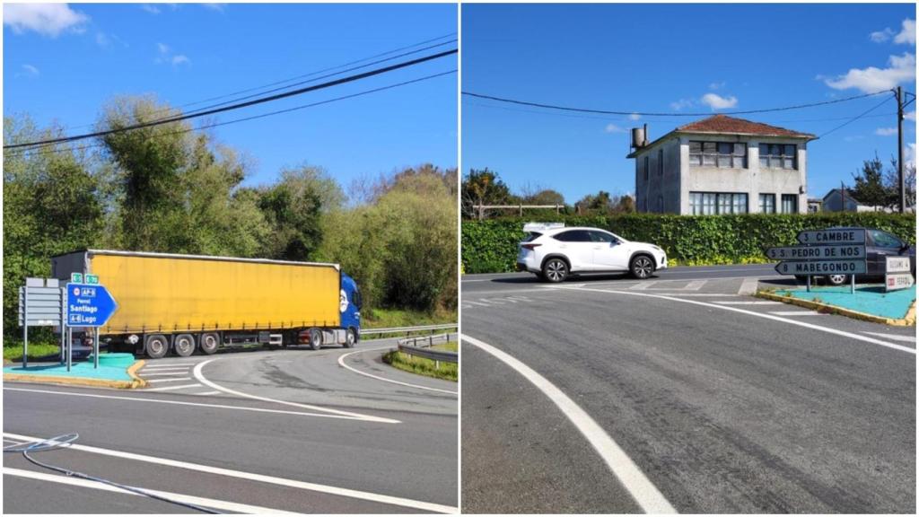 Acceso a la AP-9 desde la AC-221 y salida de la autopista hacia Cuatro Caminos en Cambre (A Coruña).