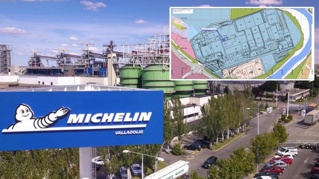 Imagen de la planta de Michelin en Valladolid y un plano del lugar de la actuación