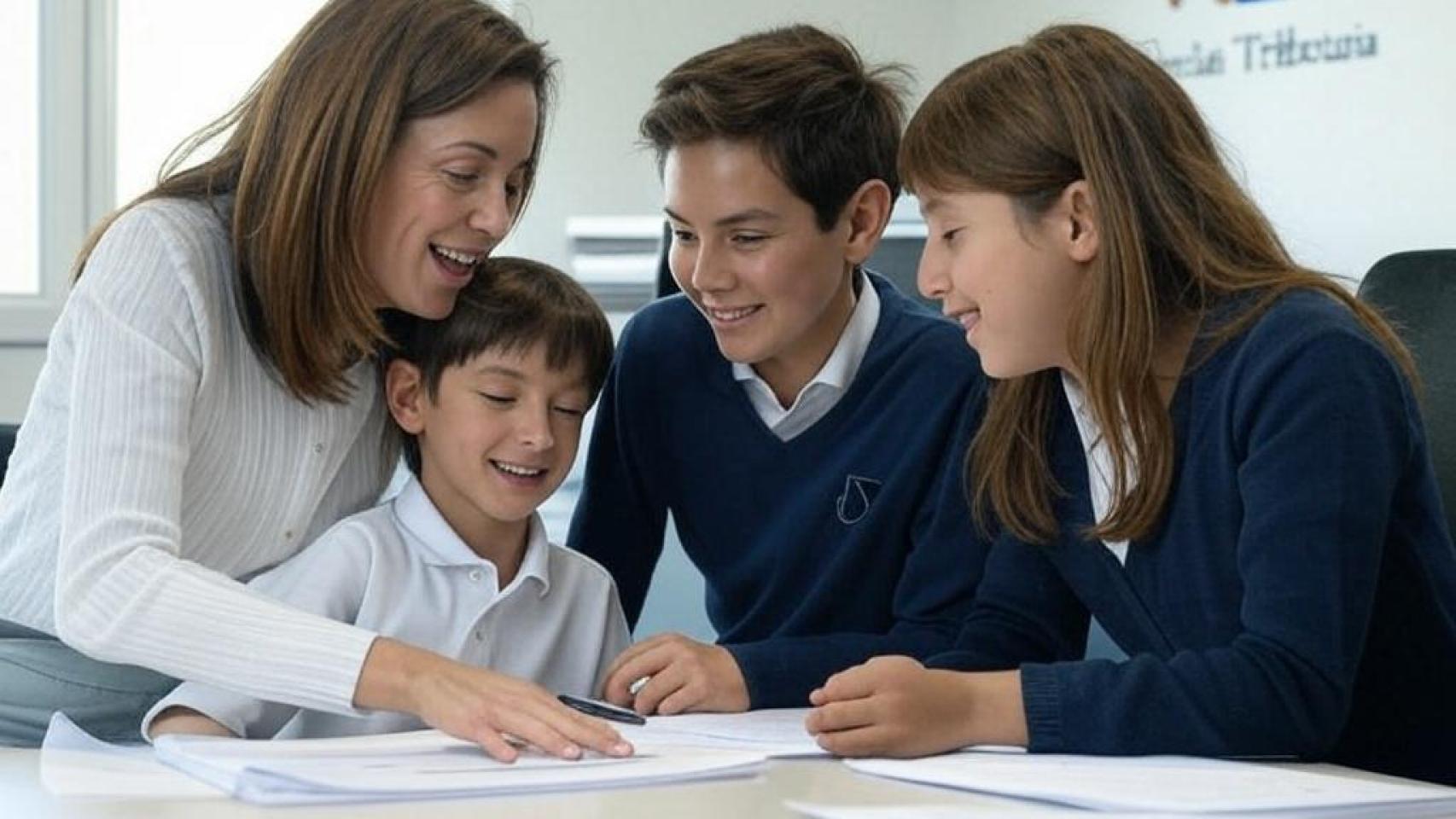 Madre y sus hijos en las oficinas de Agencia Tributaria.