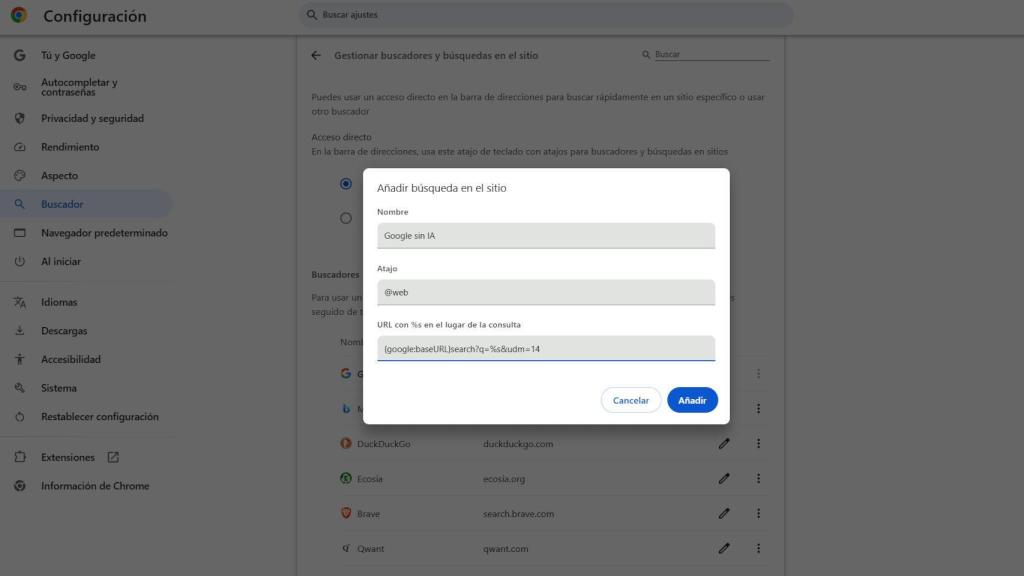 Creating a search without ia on Google Chrome