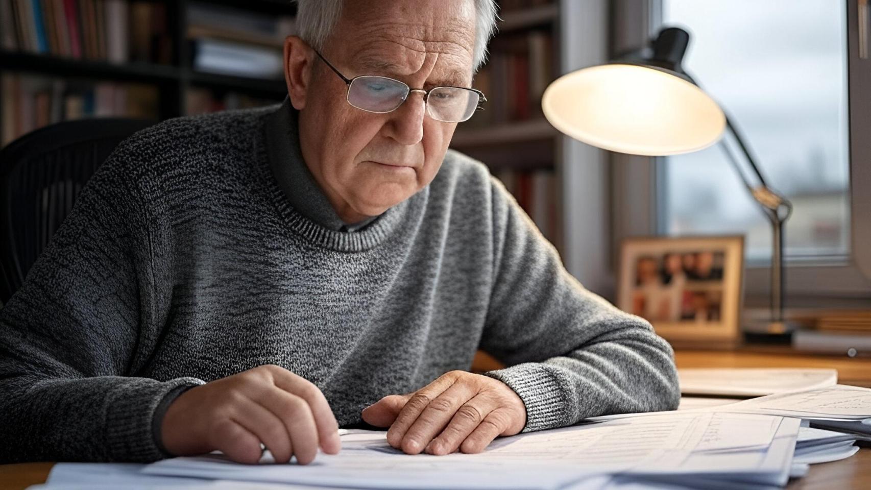 Persona mayor mirando documentos.
