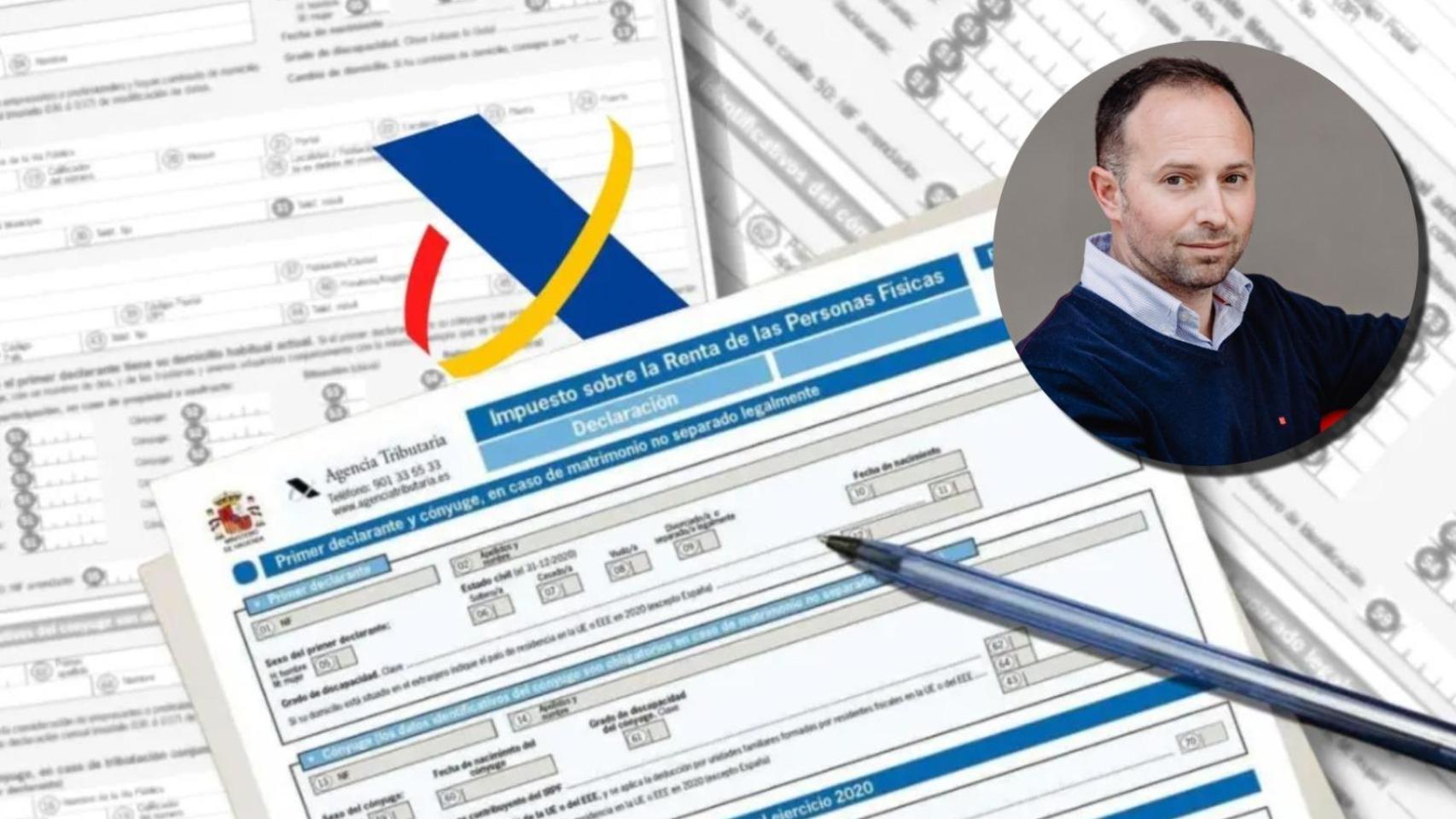 Joaquín García en un montaje con papeles de la declaración de la Renta.