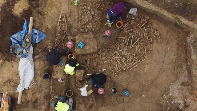 Excavación de la fosa común con los cuerpos de legionarios romanos en Viena.