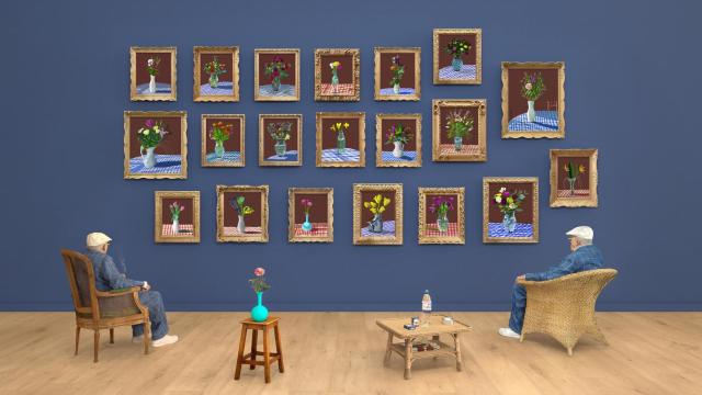 David Hockney: '25th June 2022, Looking at the Flowers (Framed)' (25 de junio de 2022, mirando las flores (enmarcadas)', 2022  © David Hockney / Jonathan Wilkinson