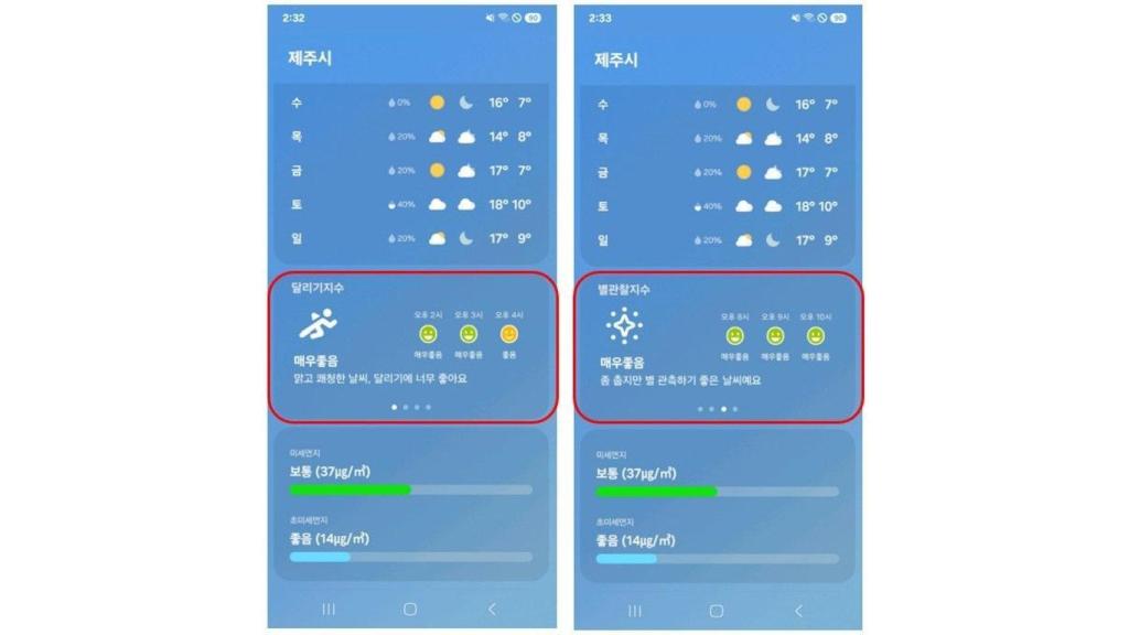 New weather forecast for activities in the Samsung time app