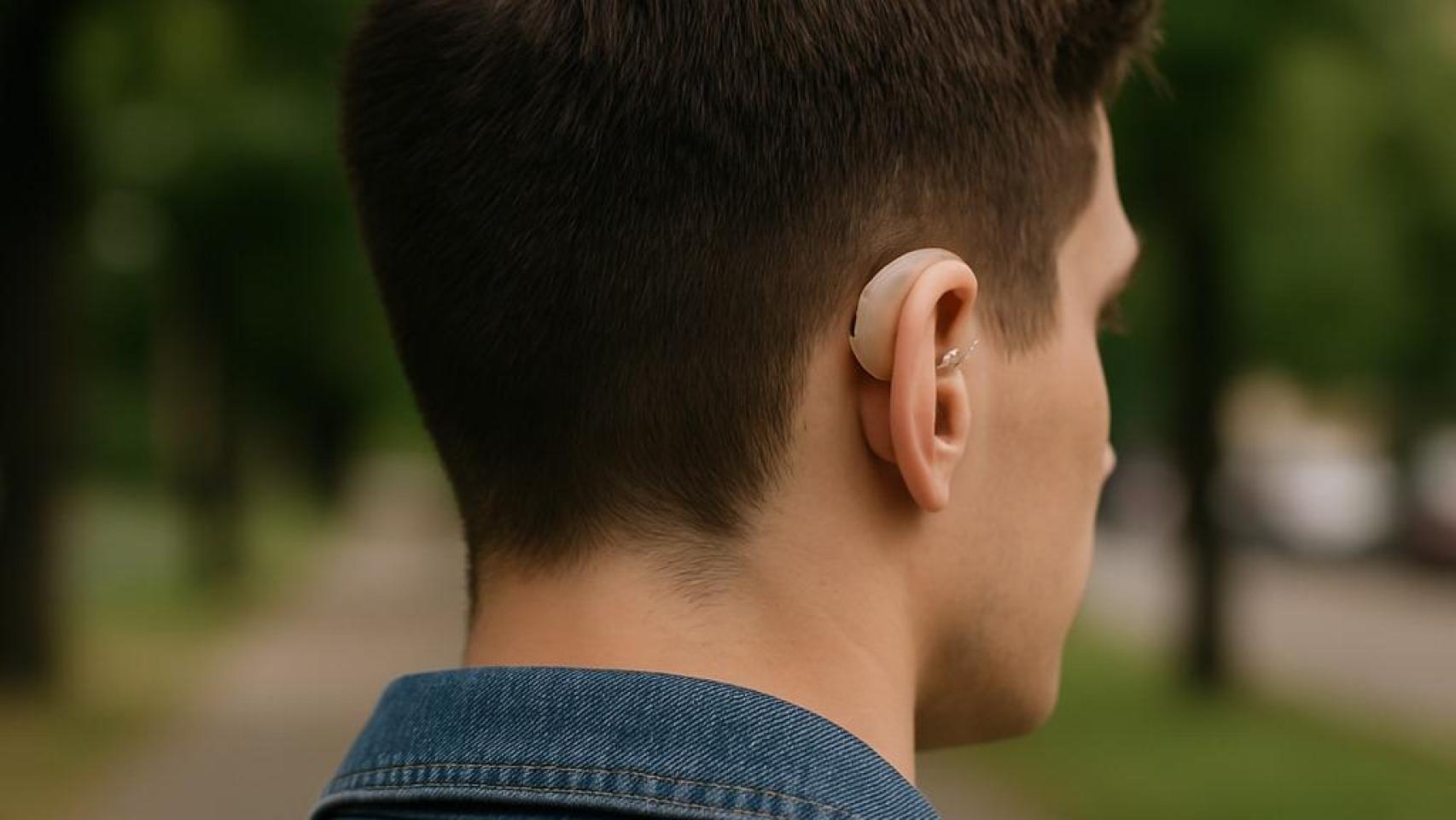 Un joven con discapacidad auditiva con audífonos.