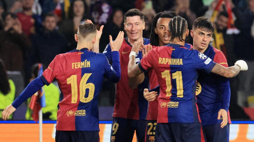 Celebración de los futbolistas del Barcelona de uno de sus goles ante el Dortmund.