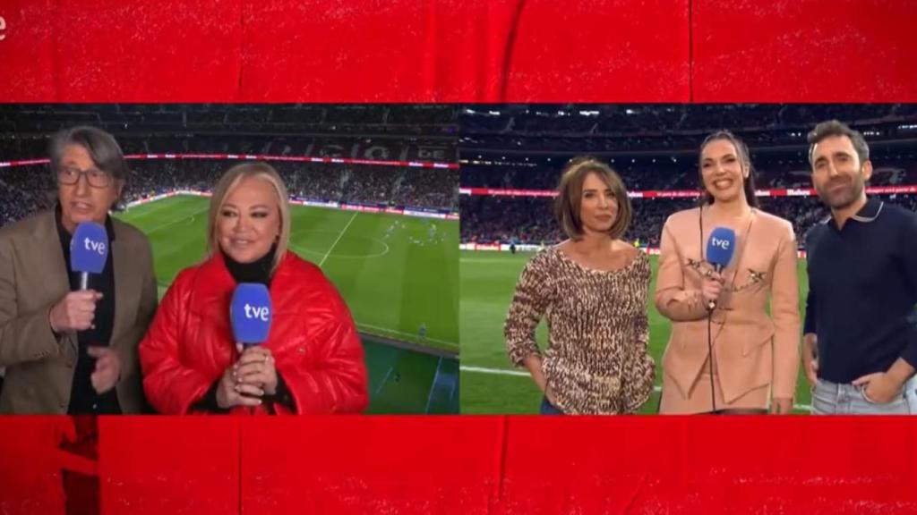 Los rostros de 'La familia de la tele', en el descanso del Atlético-Barça de Copa del Rey.