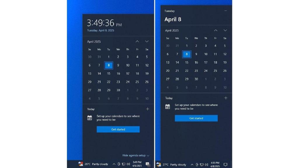 El antiguo reloj de Windows 10 (izq) y la nueva configuración (der)