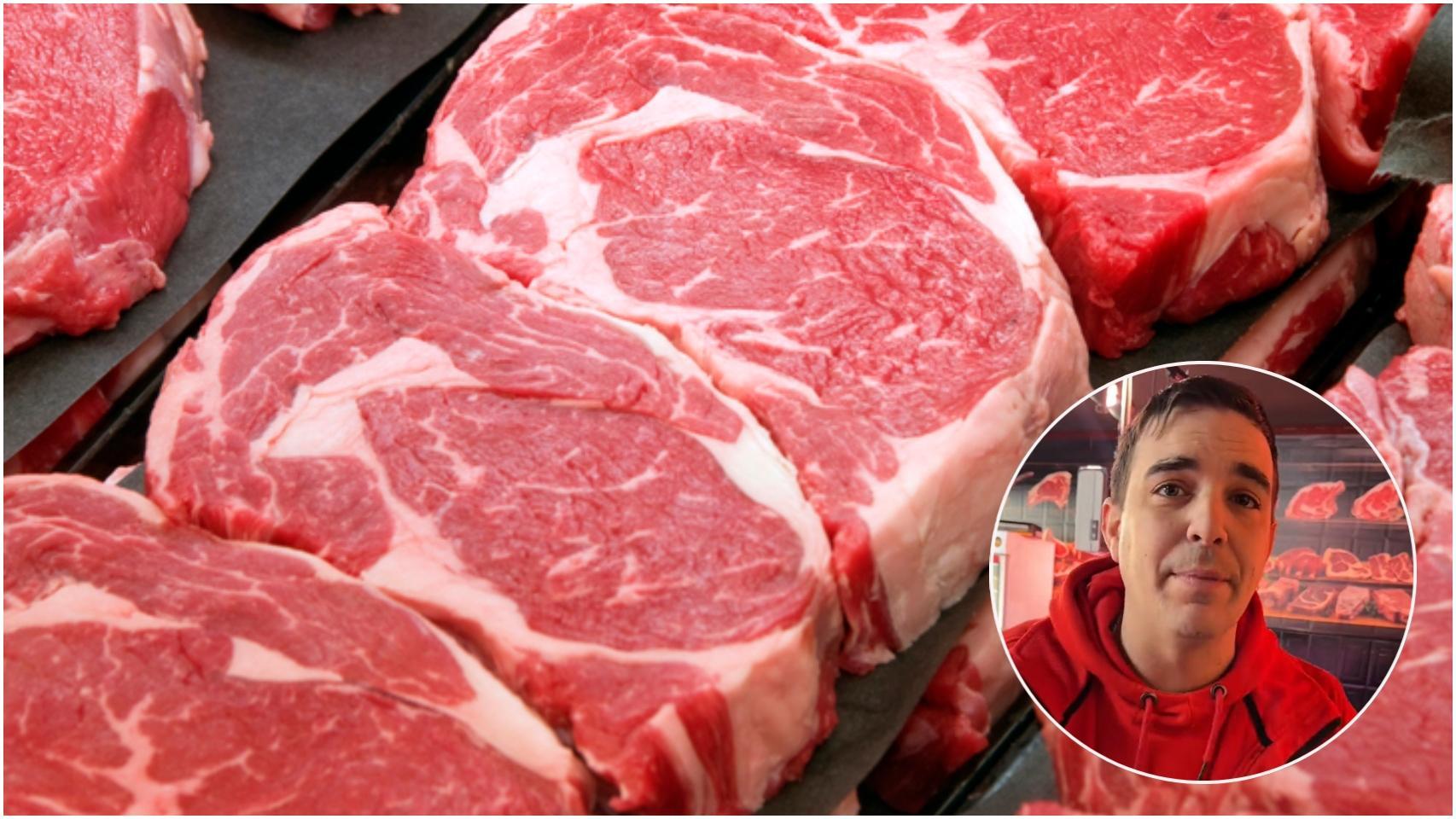 Montaje con carne en carnicería y Rubén Martínez (@elcarnicerotiktoker).
