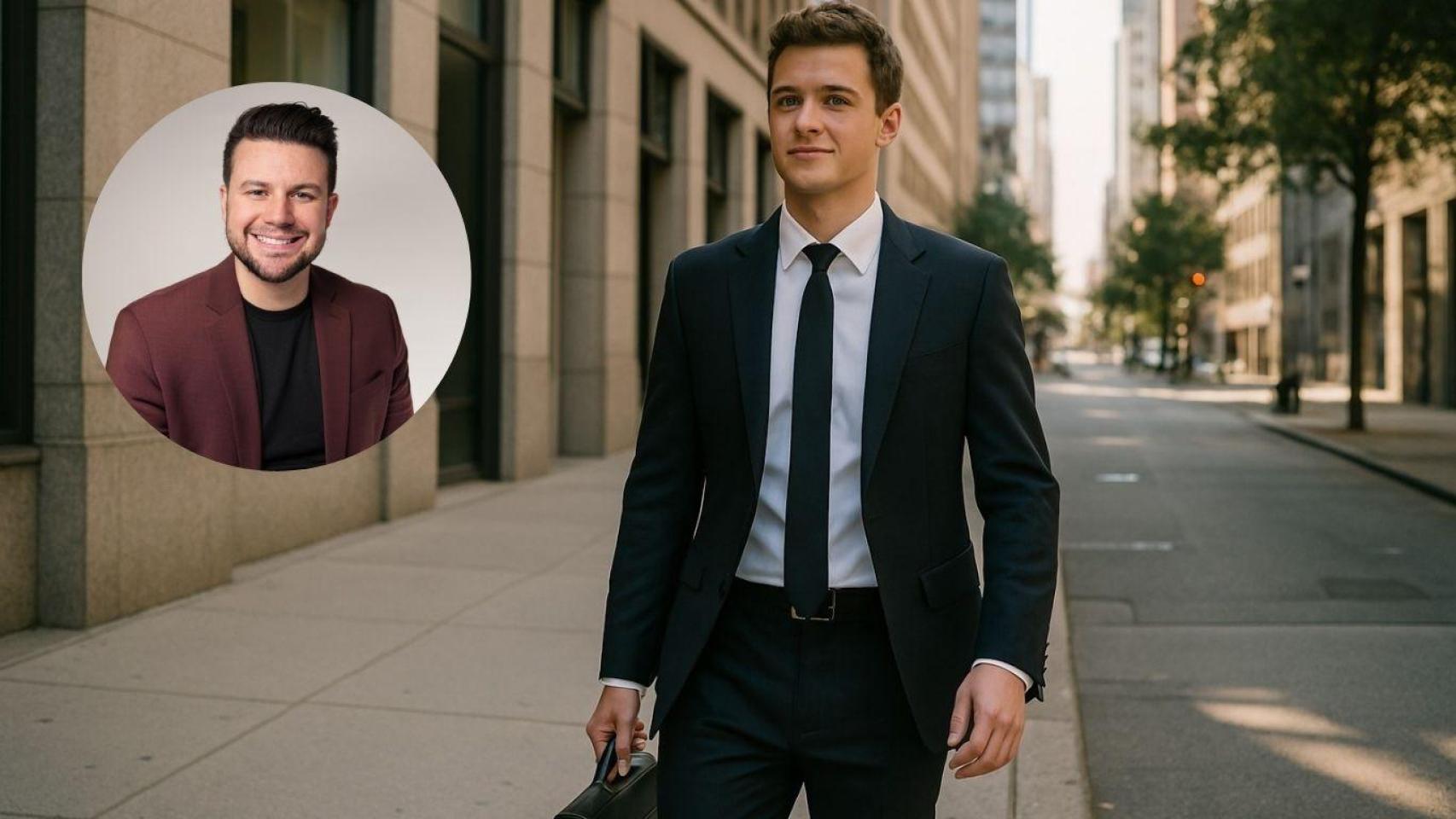 Montaje con joven de 20 años yendo a trabajar y Josh Drean, empresario