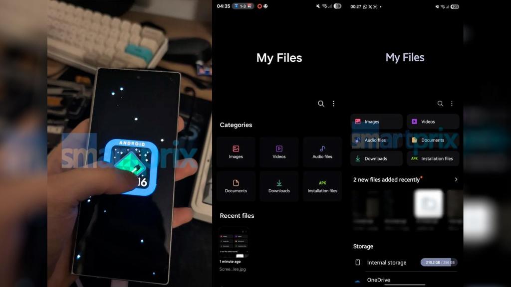 El explorador de archivos en One UI 7 en la foto central y con One UI 8 en la derecha