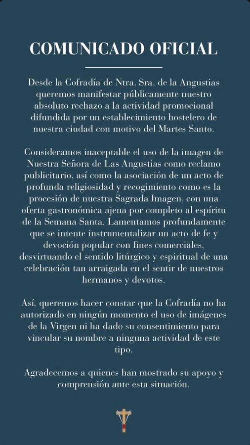 Comunicado de la Cofradía de Nuestra Señora de las Angustias