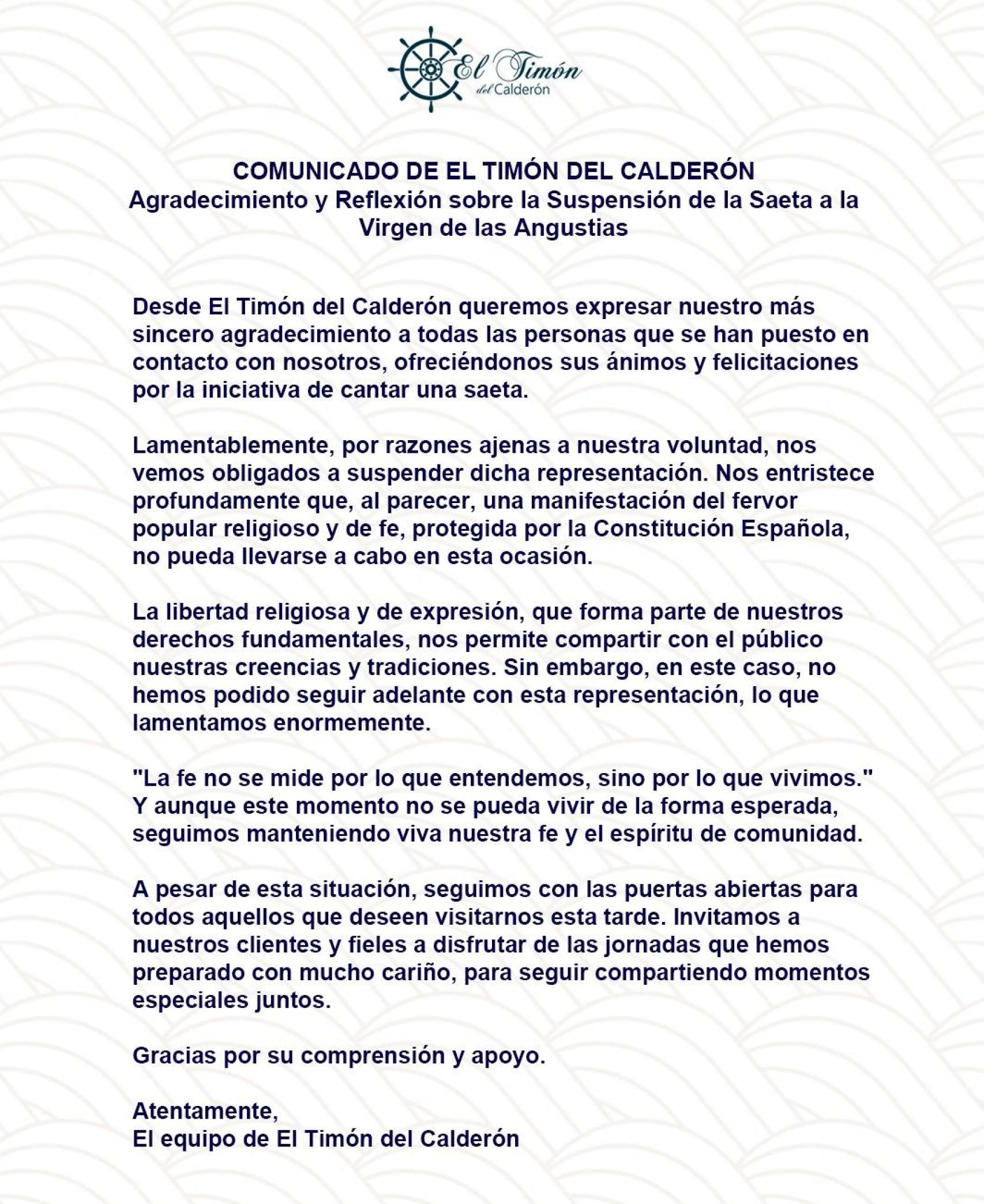 Comunicado del Bar El Timón del Calderón