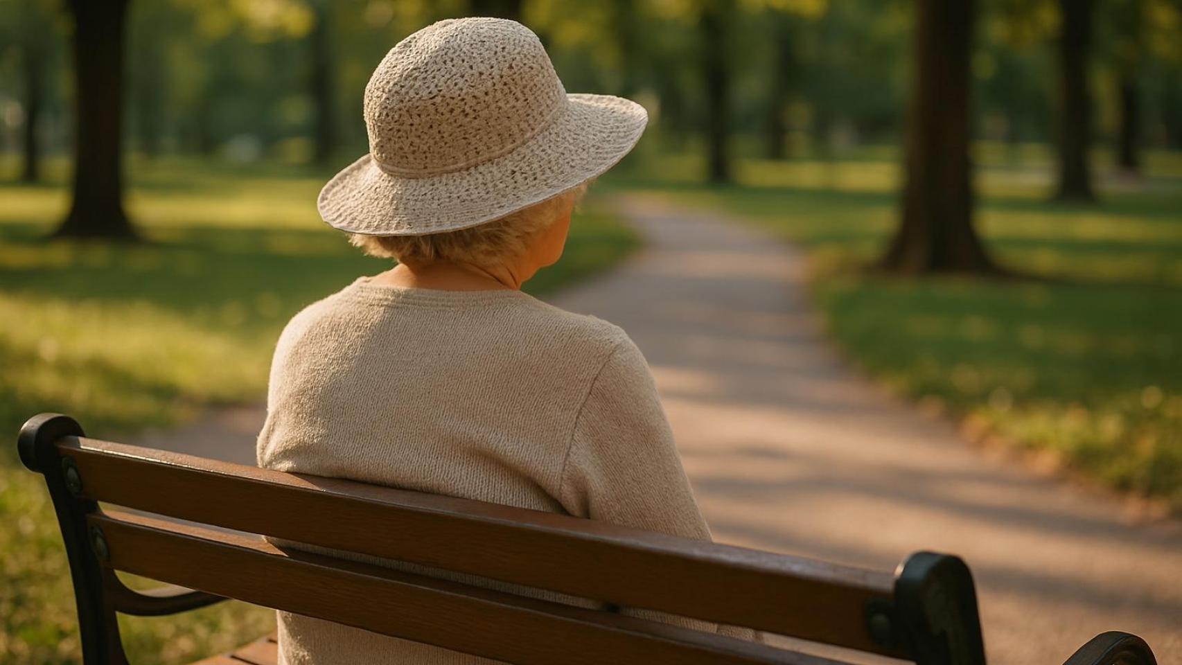 Una jubilada disfrutando del sol en un parque.