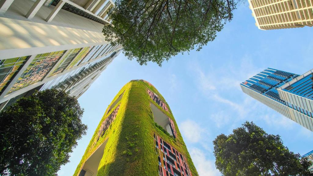 Un jardín vertical en un edificio.