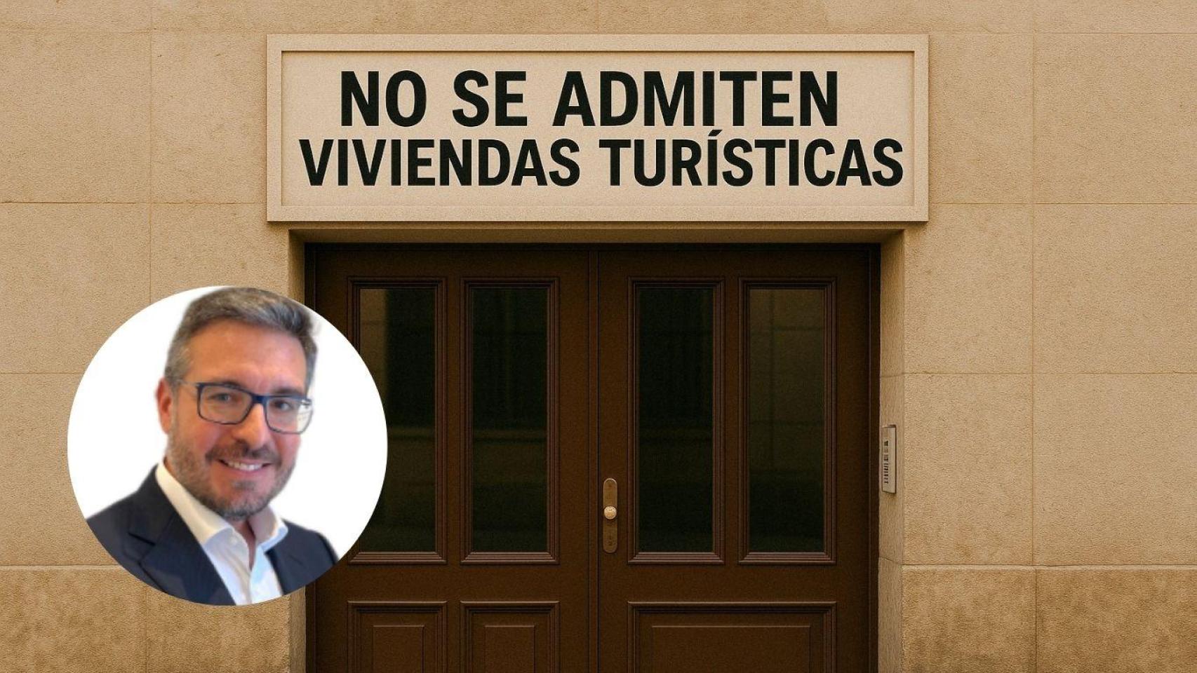 Montaje con un edificio que ha prohibido las viviendas turísticas y Sergio Gutiérrez, experto inmobiliario