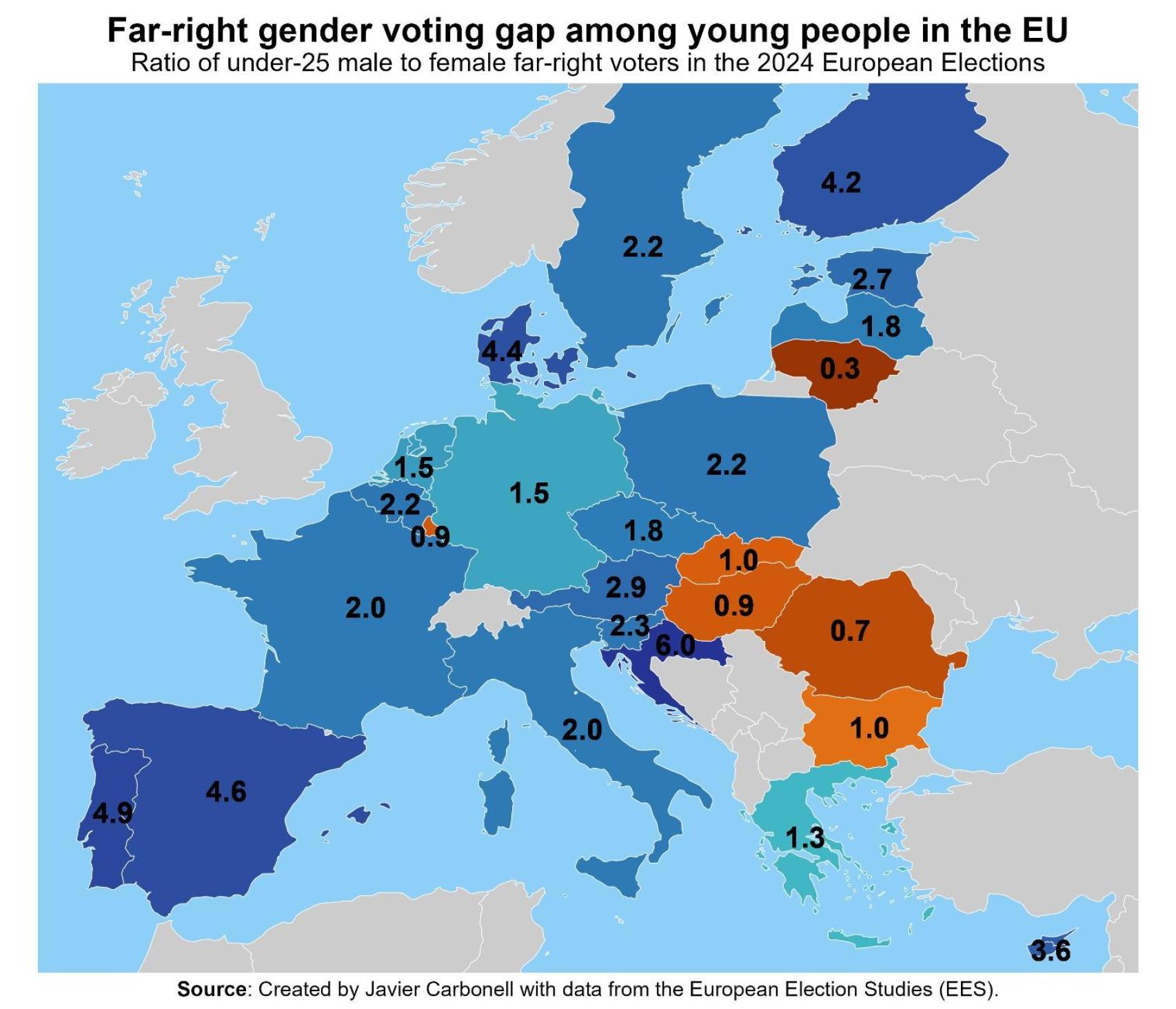 Gráfico que señala cómo se ha producido una brecha de género entre los jóvenes que votan a partidos de extrema derecha. Portugal y España son los países en los que se ve de forma más acusada cómo ellos prefieren esta ideología frente a ellas.