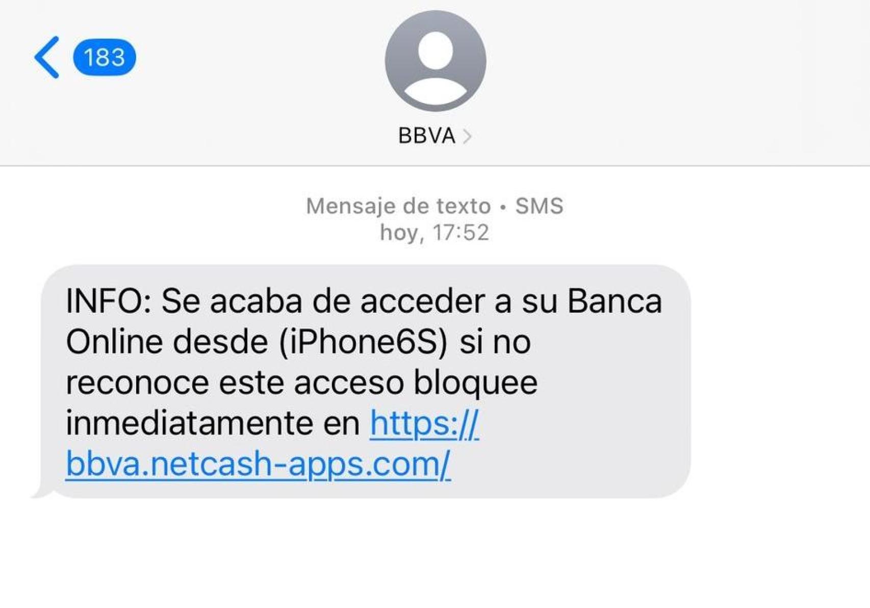 Captura de pantalla del mensaje haciéndose pasar por el BBVA