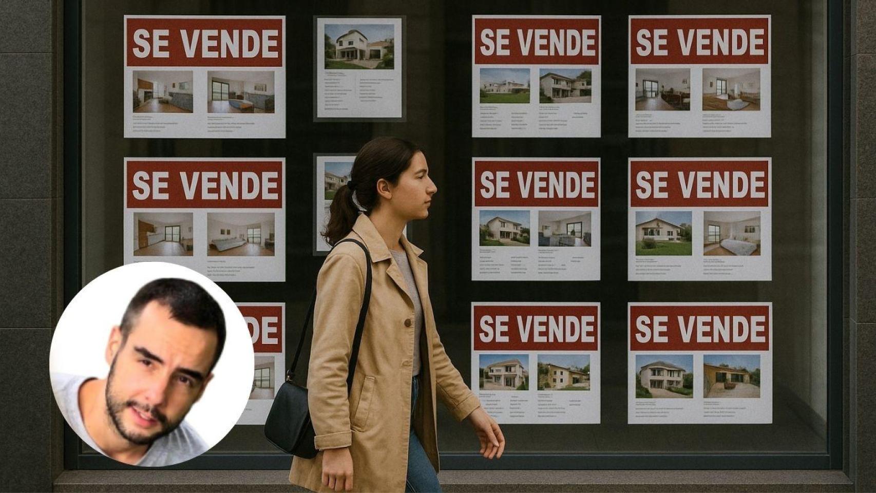 Montaje con una persona pasando frente a una agencia inmobiliaria y Alex Tomas.