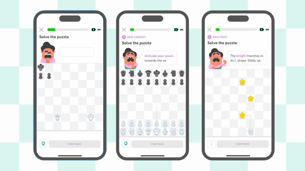 Ejemplos de puzles de ajedrez con Duolingo