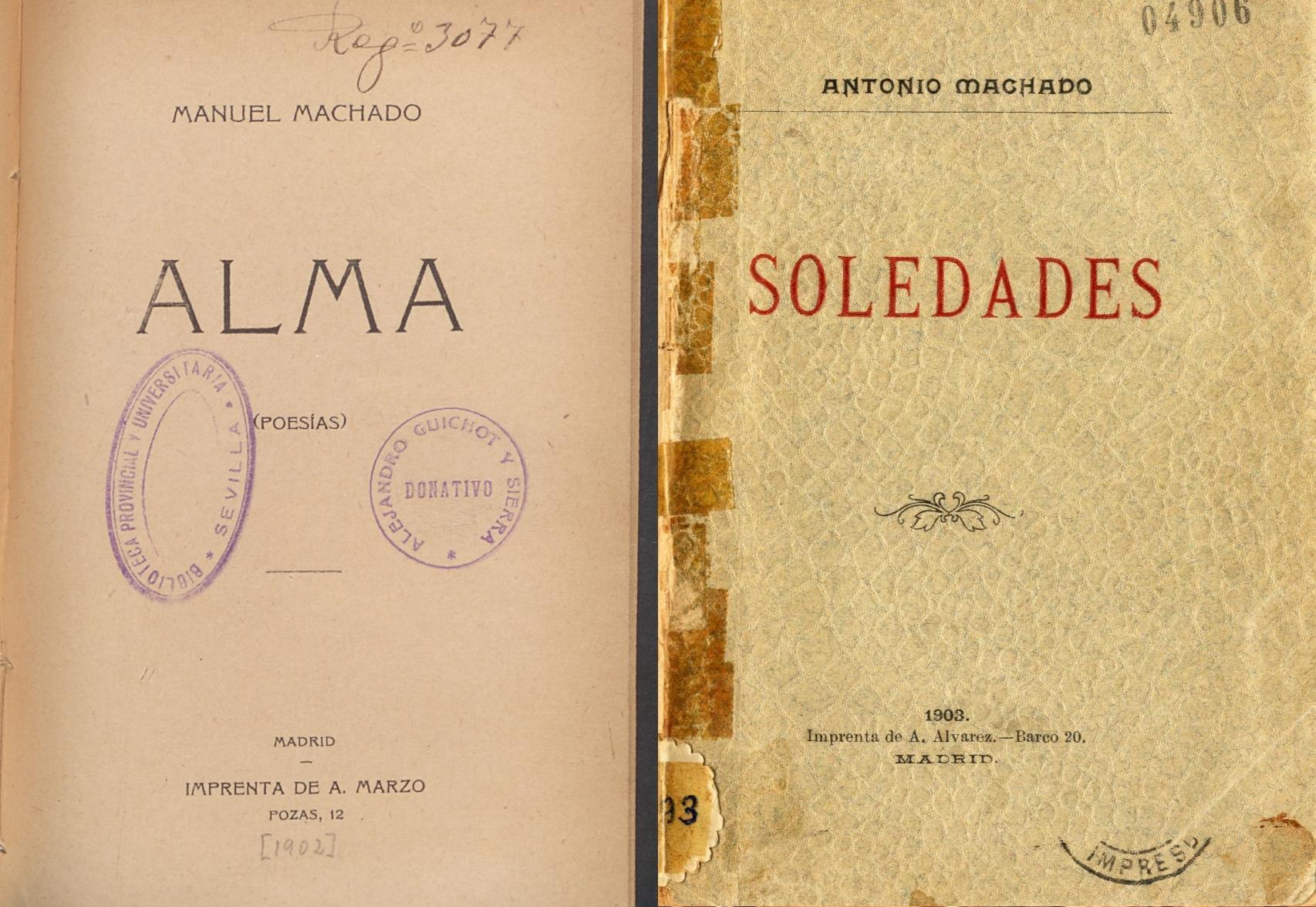 Cubiertas de antiguas ediciones de 'Alma' y 'Soledades', de Manuel y Antonio Machado