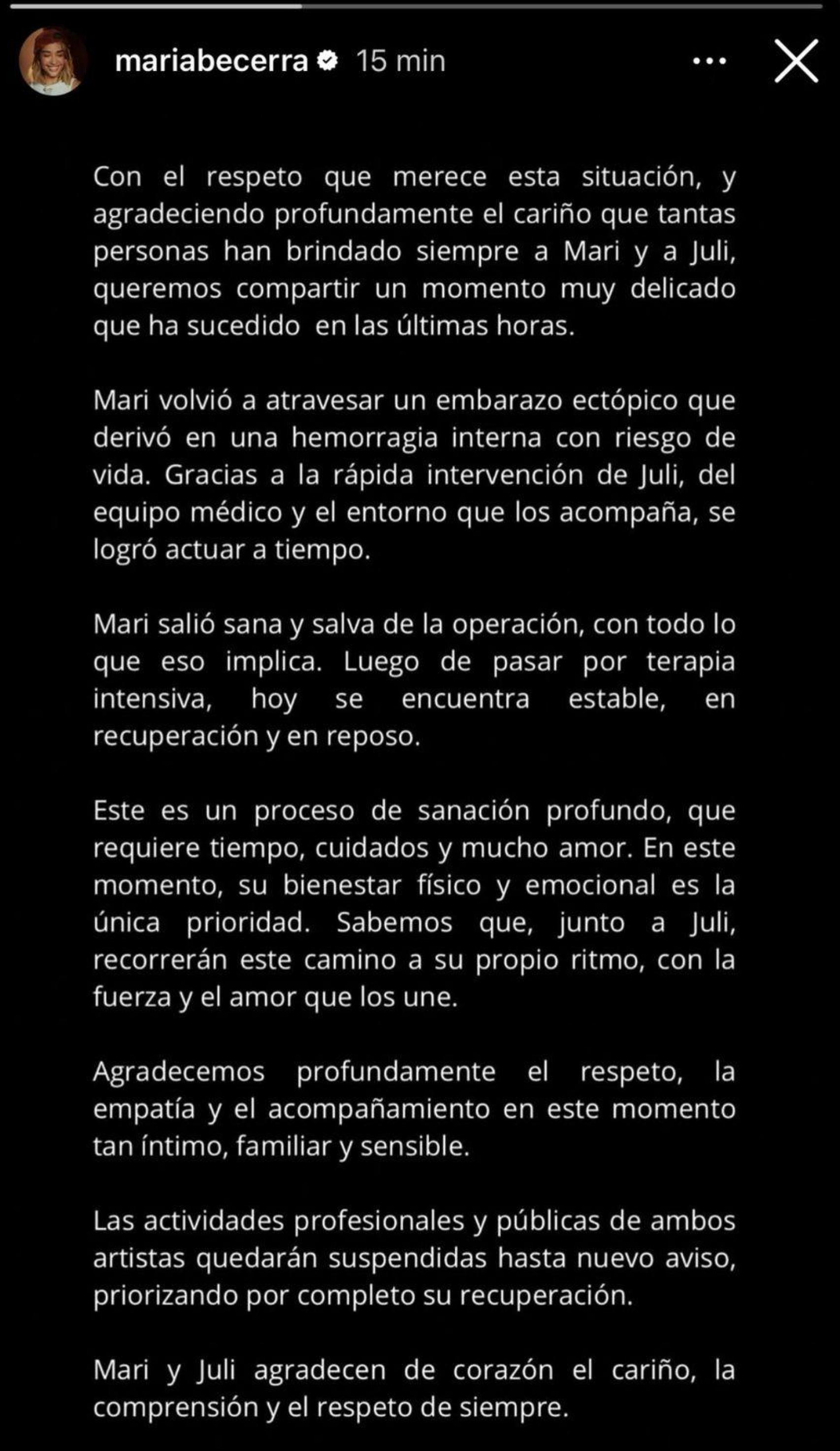 La declaración de María Becerra en sus redes sociales.