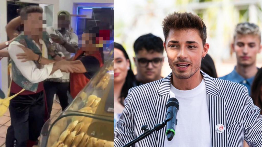 A la izquierda, el concejal Víctor Sáez es sujetado por varios clientes y trabajadores del kebab, momentos antes de ser derribado; y a la derecha, él mismo en un acto público.