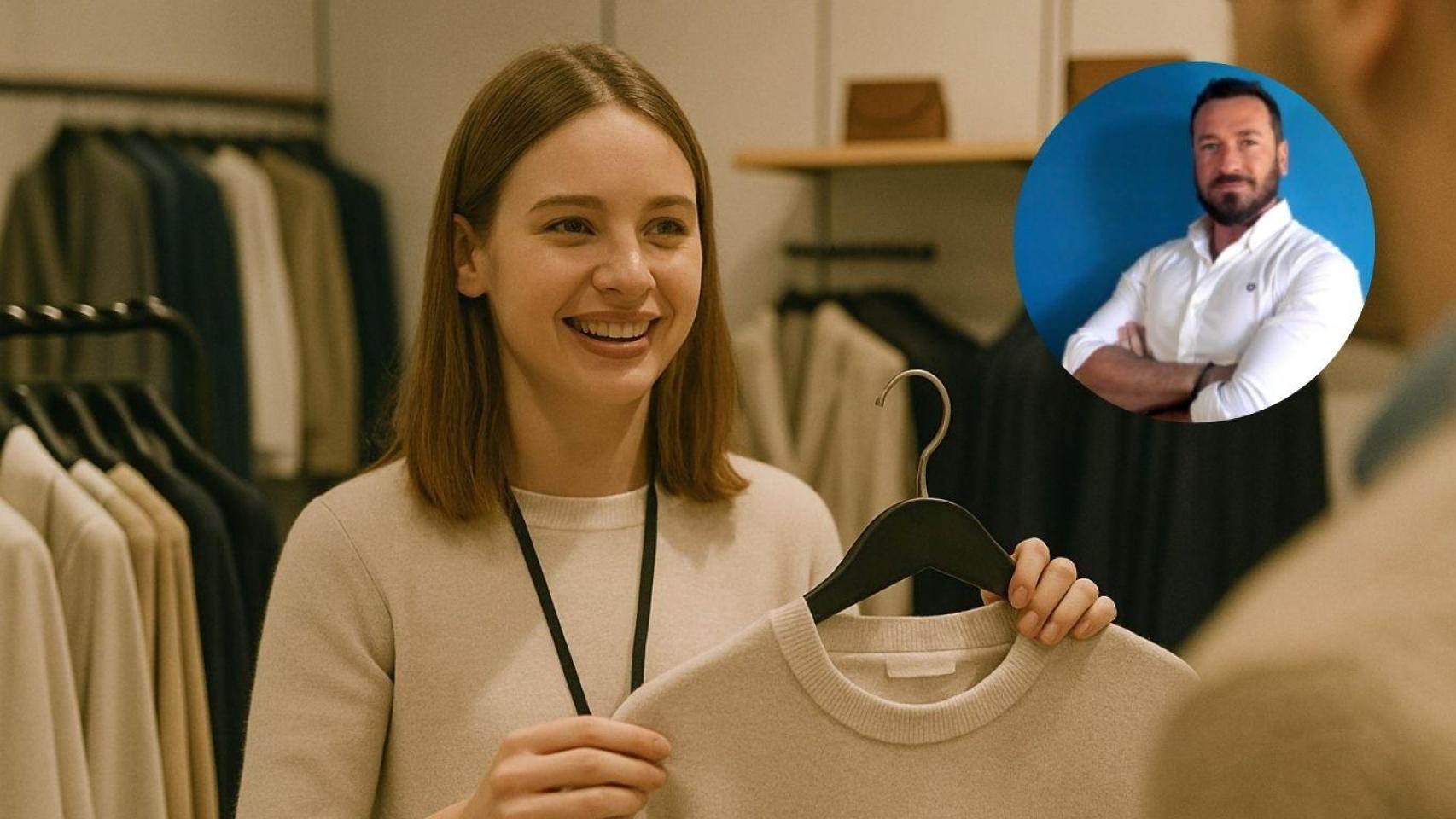 Montaje con mujer vendiendo ropa en una tienda y Manuel Solís, emprendedor en España.