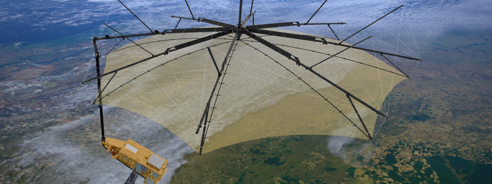 Representación por ordenador del satélite Biomass en órbita