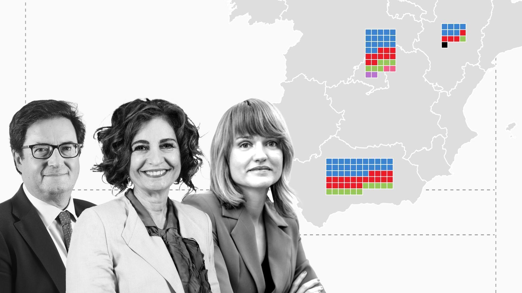 Los ministros Óscar López, María Jesús Montero y Pilar Alegría, junto al resultado electoral que la encuesta prevé para Madrid, Andalucía y Aragón.