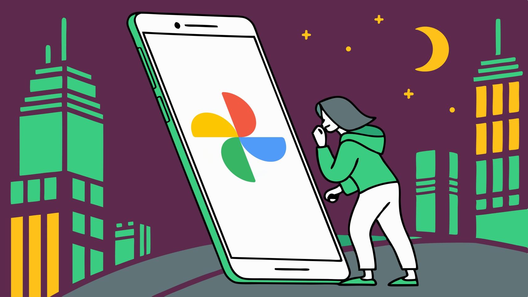 Ilustración de un móvil con el logo de Google Fotos