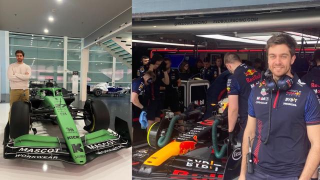 El ingeniero de Fórmula 1, Javier Bermejo, posa a la izquierda con el Sauber con el que trabaja esta temporada, y a la derecha, en su etapa en Red Bull en 2023.