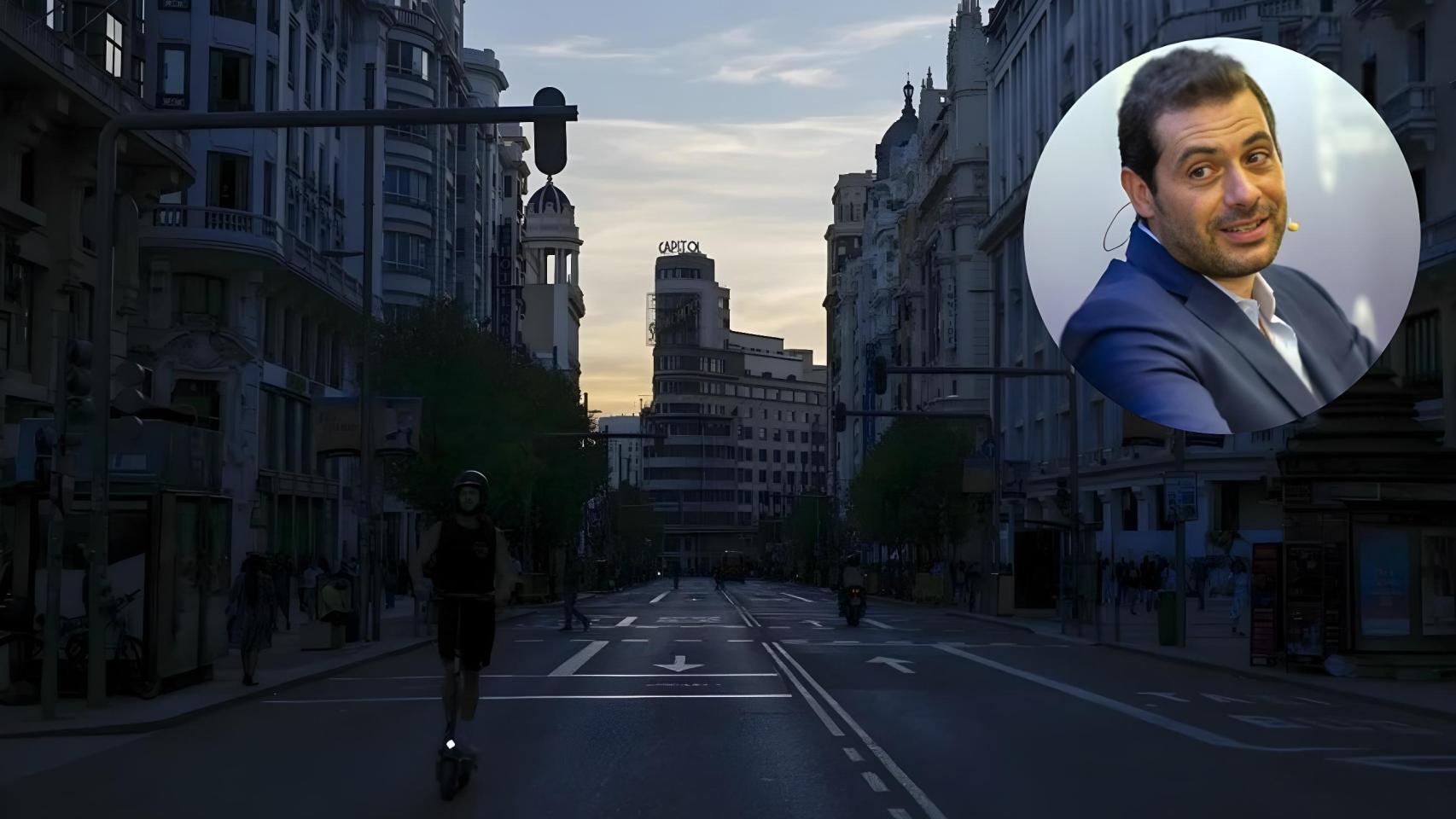Montaje de la Gran Vía de Madrid a oscuras y Carlos Cagigal.