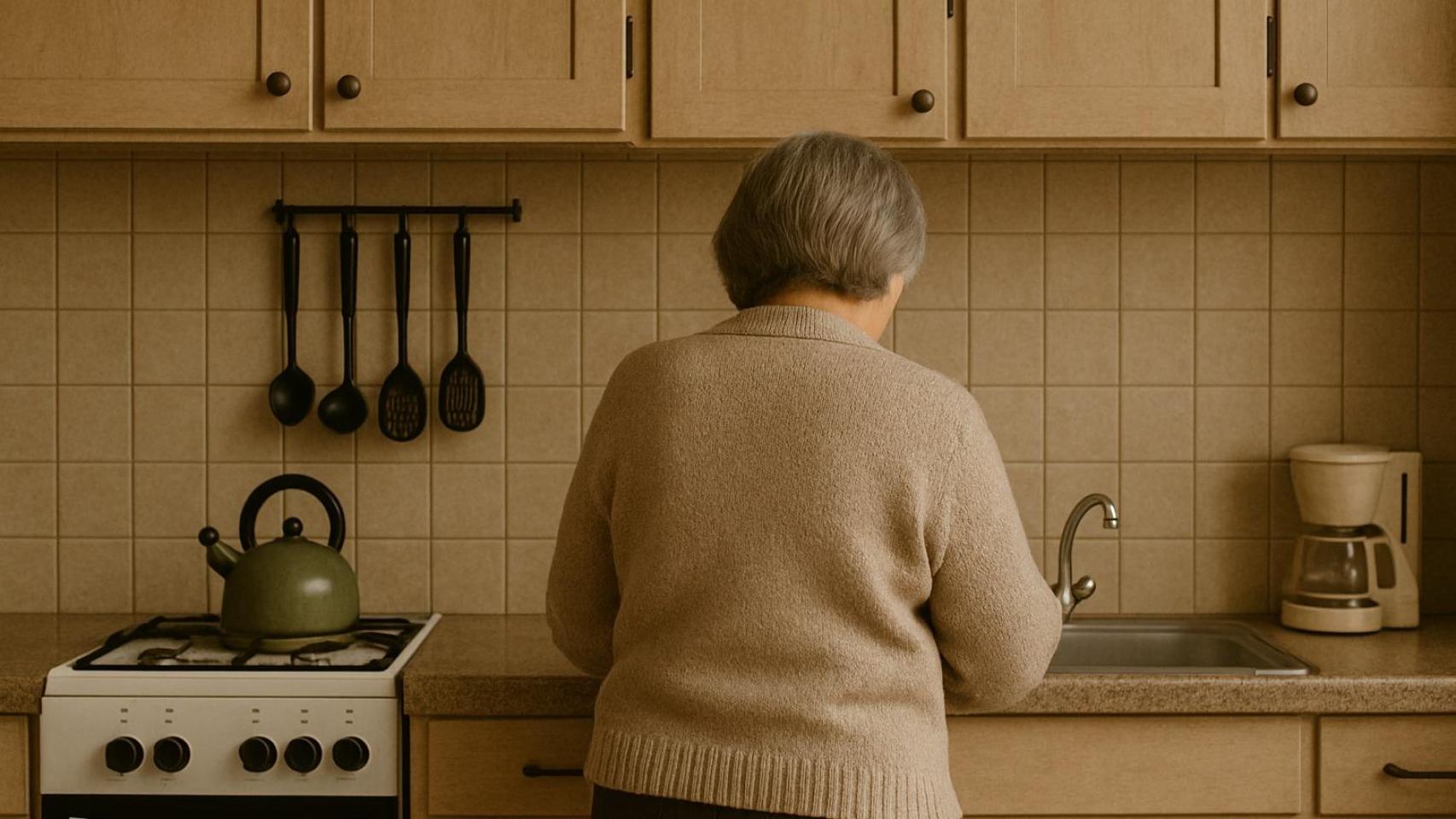 Una mujer jubilada trabajando en la cocina.