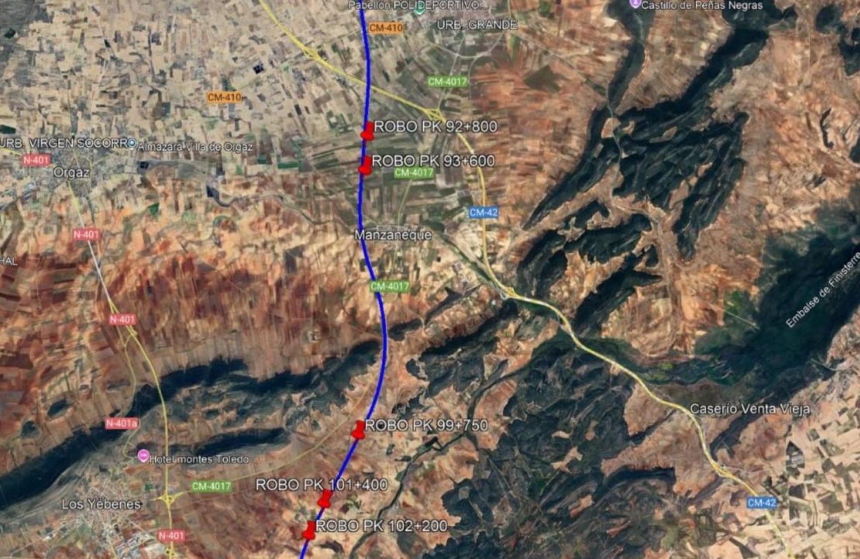 Mapa del robo de cable de señalización en cinco puntos de la alta velocidad Madrid-Sevilla.