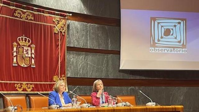Las vocales del CGPJ Esther Erice y Esther Rojo, este lunes durante la presentación del Informe sobre víctimas morales de la violencia de género en 2024./