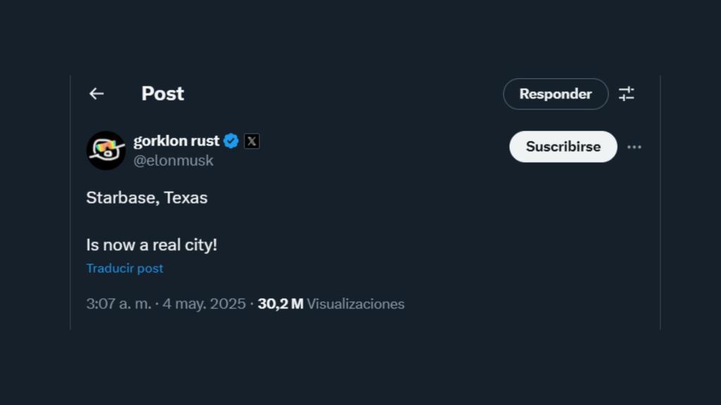 El tuit de Elon Musk sobre Starbase.