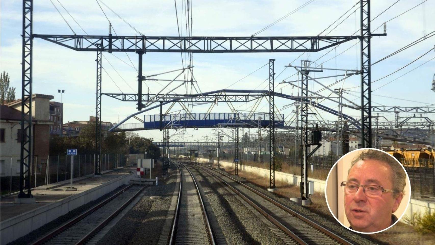 Montaje de Rafael Escudero, experto ferroviario, en una catenaria.