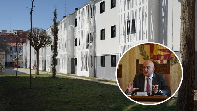 Imagen de algunas de las viviendas rehabilitadas en el barrio 29 de octubre y, en el círculo, Jesús Julio Carnero este martes