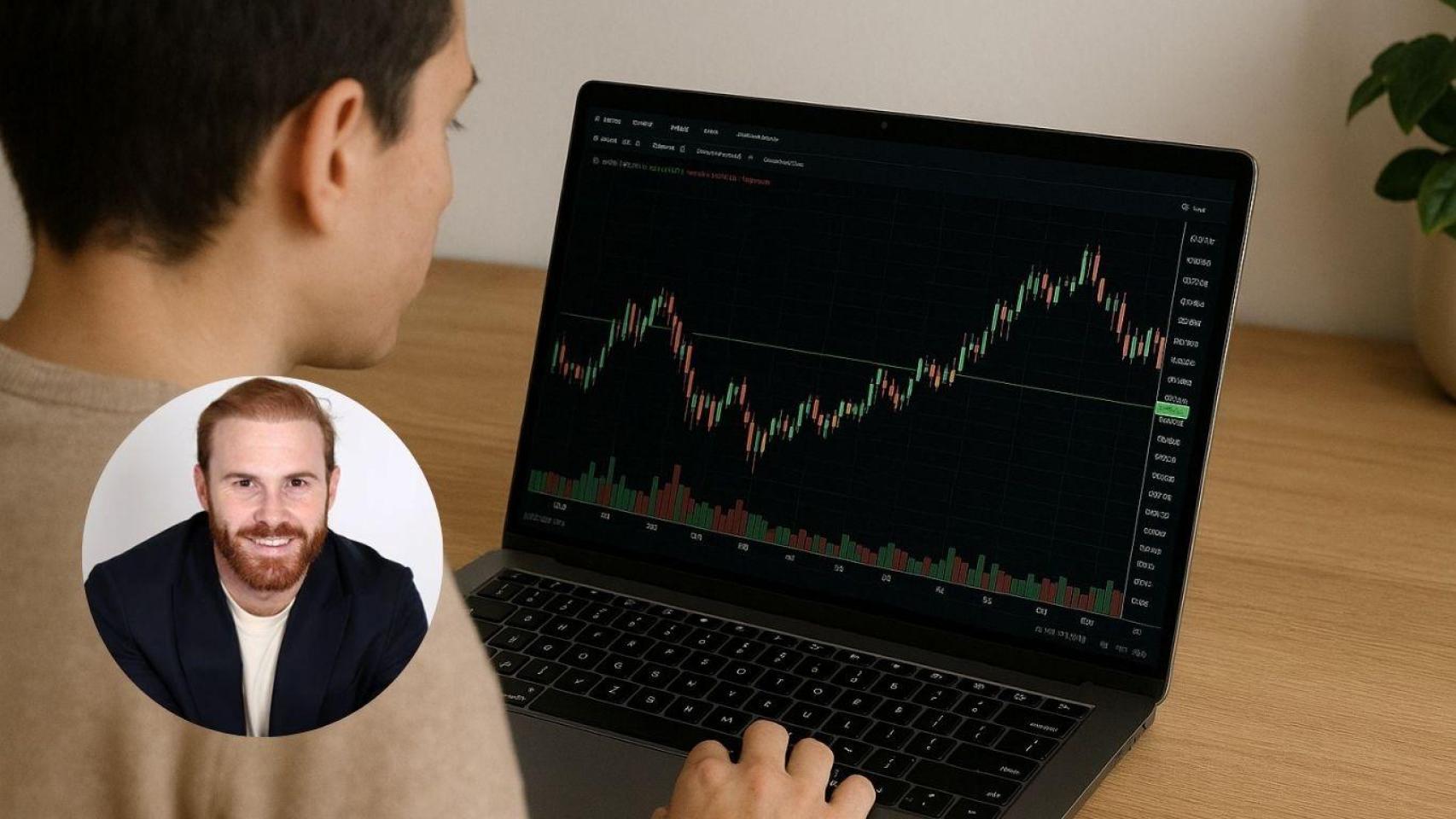 Montaje con persona invirtiendo en bolsa y Antonio Rivas, experto en ahorro e inversiones.